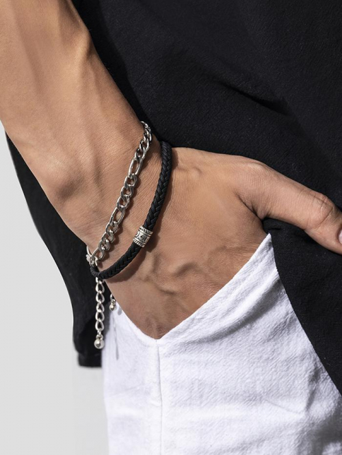 2Pcs Double Layered Metal Chain Braided Cord Charm Bracelet for Men and Women