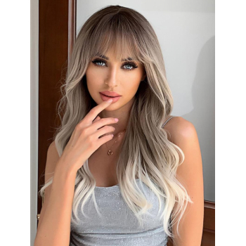 zaful Women's Brown Gradient Blonde Fluffy Long Wavy Full Bangs Synthetic Daily Wig