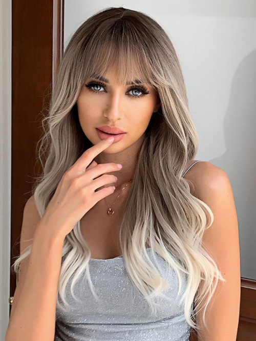 zaful Women's Brown Gradient Blonde Fluffy Long Wavy Full Bangs Synthetic Daily Wig