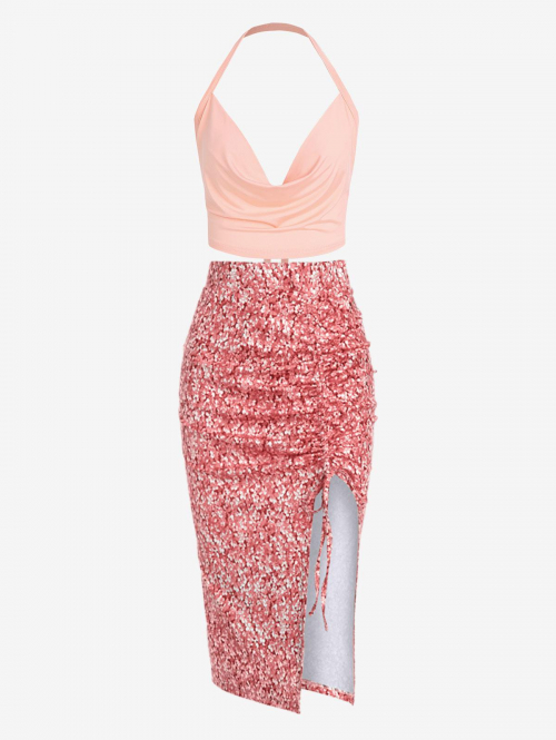 Cowl Front Halter Tie Crop Tank Top and Tiny Floral Cinched Notched Asymmetrical Skirt Set Light pink