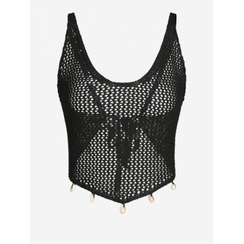 Women Tank Tops ZAFUL Vacation Boho Shell Design Tie Backless Openwork Knitted Crochet Tank Top L Black