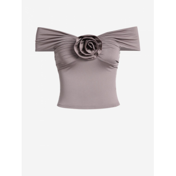 Women Blouses 3D Floral Rosette Brooch Off The Shoulder Crop Top M Coffee