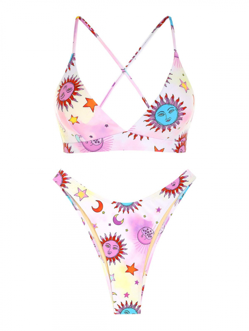 ZAFUL Sun and Moon Star Print Lace Up Bikini Swimwear S