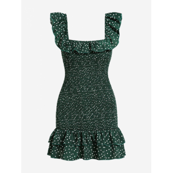 Mini Dress ZAFUL Women's Vacation Polka Dot Square Neck Flounce Smocked Mini Bodycon Dress S Deep green