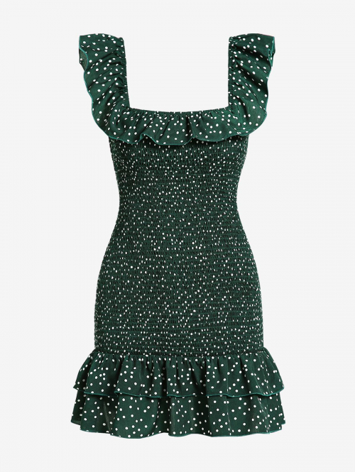 Mini Dress ZAFUL Women's Vacation Polka Dot Square Neck Flounce Smocked Mini Bodycon Dress S Deep green