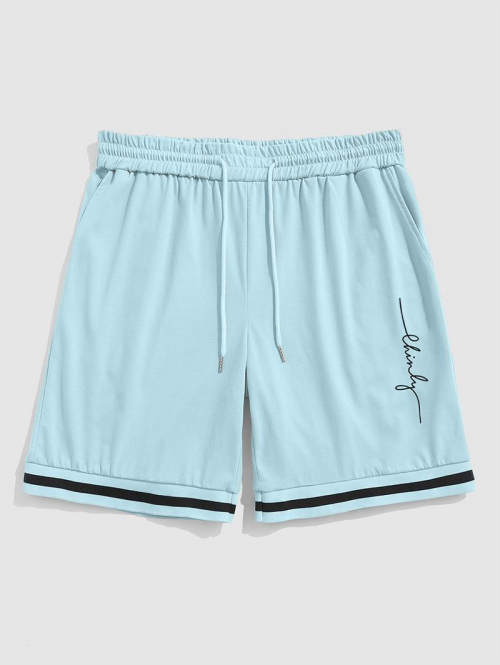 ZAFUL Striped Panel Letter Graphic Printed Sweat Shorts L Light blue