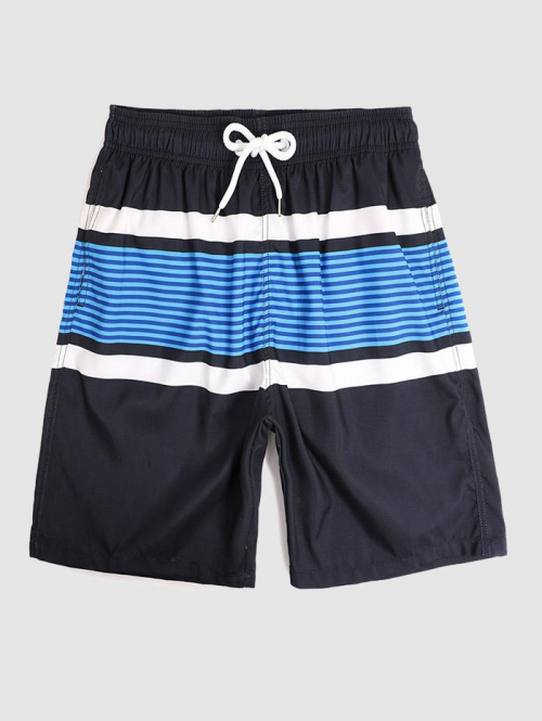 ZAFUL Men's Geometric Striped Pattern Drawstring Board Shorts L Light blue