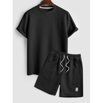 ZAFUL Men's Geometric Textured Short Sleeves Basic T-shirt and Basic Drawstring Shorts Set Black