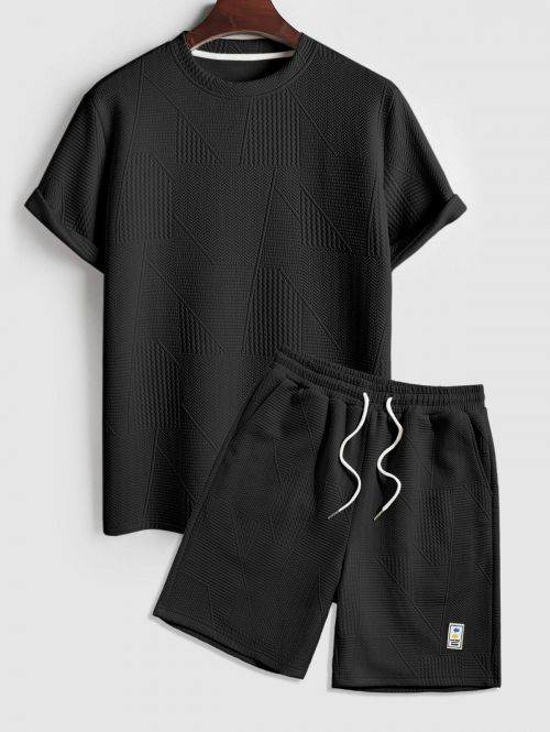 ZAFUL Men's Geometric Textured Short Sleeves Basic T-shirt and Basic Drawstring Shorts Set Black