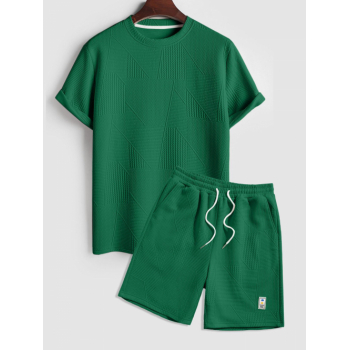 ZAFUL Men's Geometric Textured Short Sleeves Basic T-shirt and Basic Drawstring Shorts Set Deep green