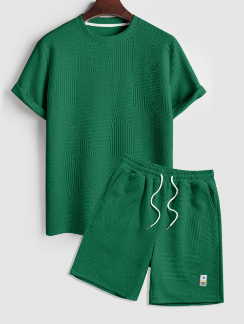 ZAFUL Men's Geometric Textured Short Sleeves Basic T-shirt and Basic Drawstring Shorts Set Deep green