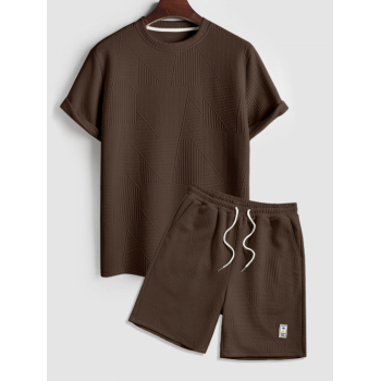 ZAFUL Men's Geometric Textured Short Sleeves Basic T-shirt and Basic Drawstring Shorts Set Coffee