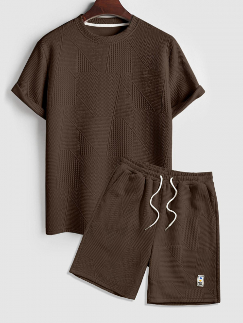 ZAFUL Men's Geometric Textured Short Sleeves Basic T-shirt and Basic Drawstring Shorts Set Coffee