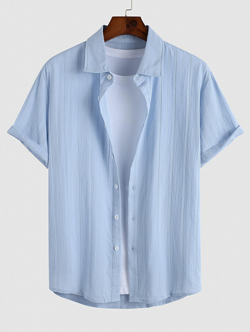 ZAFUL Men's ZAFUL Cotton and Linen Textured Jacquard Short Sleeves Shirt M Light blue