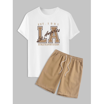 ZAFUL Men's Los Angeles Letter Printed Short Sleeves T-shirt and Basic Casual Shorts Set Light coffee