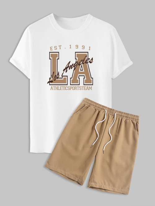 ZAFUL Men's Los Angeles Letter Printed Short Sleeves T-shirt and Basic Casual Shorts Set Light coffee