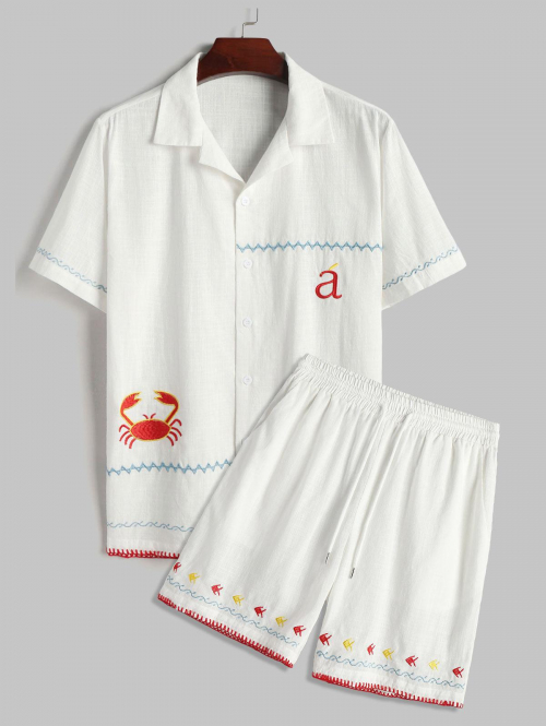 ZAFUL Men's ZAFUL Fish Crab Marine Life Embroidery Short Sleeves Shirt With Shorts Beach Vacation Two Piece Set S White