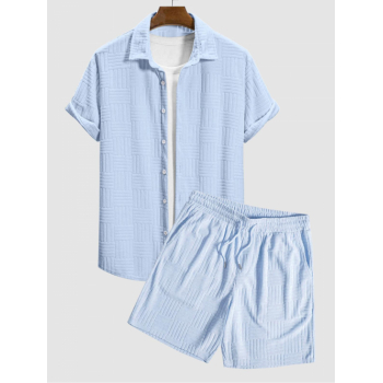 ZAFUL Men's Textured Terry Cloth Jacquard Short Sleeves Shirt and Sweat Shorts Set Light blue