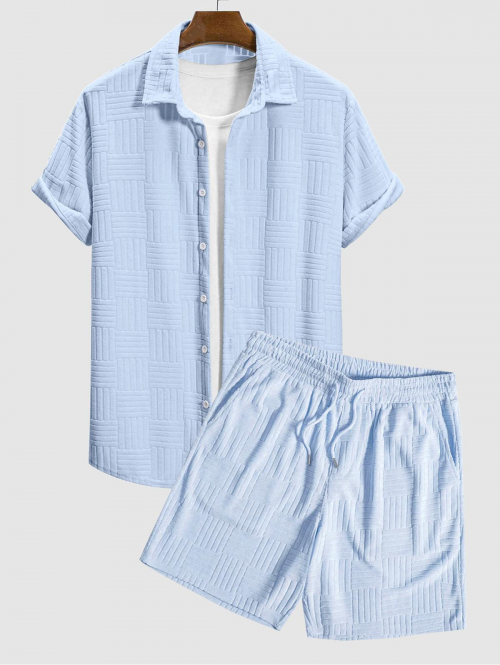 ZAFUL Men's Textured Terry Cloth Jacquard Short Sleeves Shirt and Sweat Shorts Set Light blue