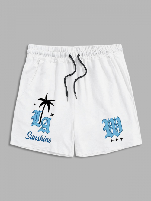 LA Coconut Tree Pattern Sweat Shorts L White