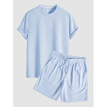 ZAFUL Men's Jacquard Terry Cloth Textured Short Sleeves T Shirt With Shorts Two Piece Set Light blue