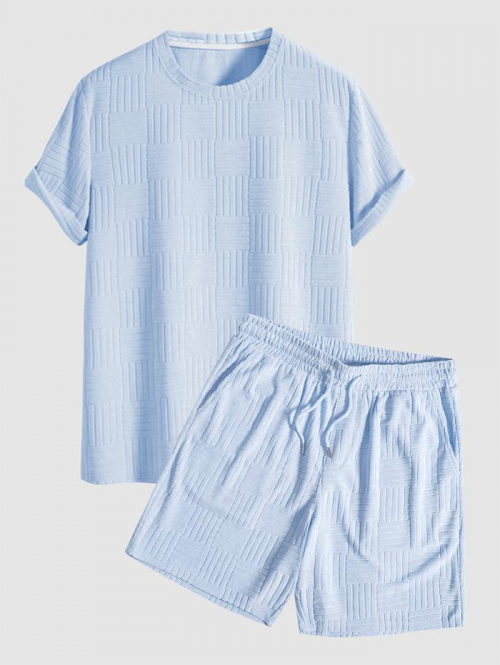 ZAFUL Men's Jacquard Terry Cloth Textured Short Sleeves T Shirt With Shorts Two Piece Set Light blue