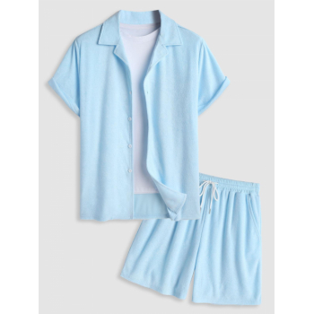 ZAFUL Men's Men's Solid Color Lapel Collar Terry Cloth Button Front Short Sleeves Shirt and Terry Cloth Drawstring Casual Shorts Set Light blue