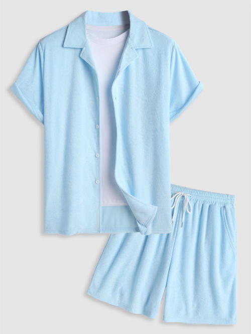 ZAFUL Men's Men's Solid Color Lapel Collar Terry Cloth Button Front Short Sleeves Shirt and Terry Cloth Drawstring Casual Shorts Set Light blue