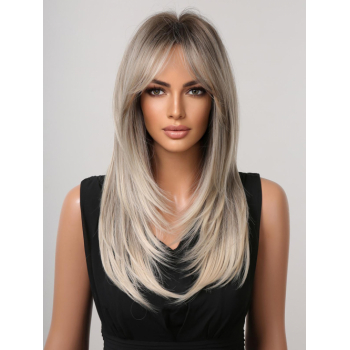 zaful Brown Gradient Platinum Color Layered Natural Straight Centre Part Bangs Synthetic Wig