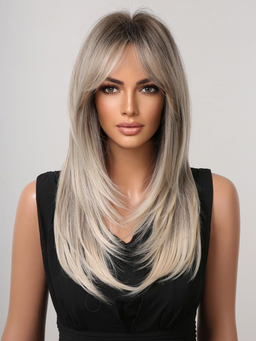 zaful Brown Gradient Platinum Color Layered Natural Straight Centre Part Bangs Synthetic Wig