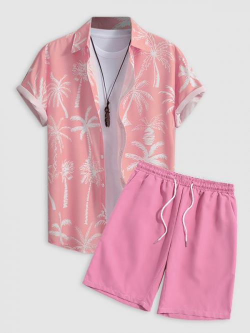 ZAFUL Men's Men's Short Sleeves Palm Tropical Print Beach Vacation Shirt and Solid Color Basic Casual Bermuda Shorts Set Light pink