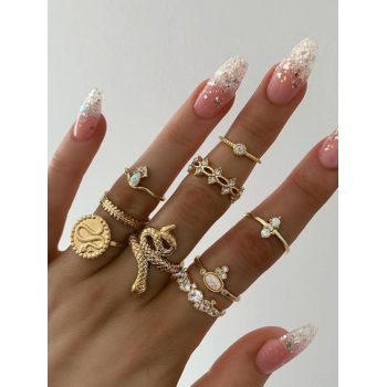 9Pcs Rhinestones Embellished Snake Shape Rings Set