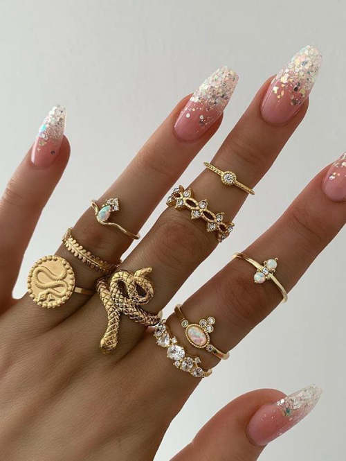 9Pcs Rhinestones Embellished Snake Shape Rings Set