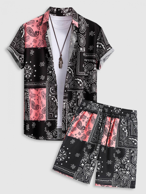 ZAFUL Men's Men's Ethnic Style Paisley Floral Print Pattern Block Retro Casual Short Sleeves Shirt and Vacation Drawstring Board Shorts Set Multi a