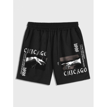 Men's Gothic Hands CHICAGO Letter Graphic Printed Drawstring Shorts M Black