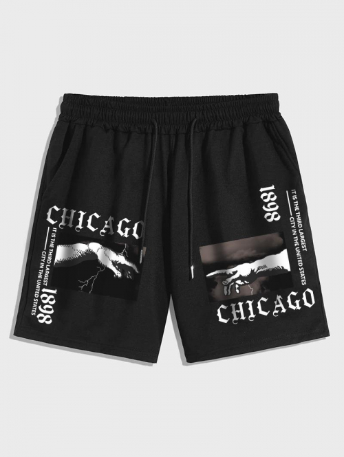 Men's Gothic Hands CHICAGO Letter Graphic Printed Drawstring Shorts M Black