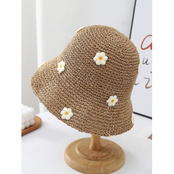 Fashion Women Women's Cute Flowers Decor Large Brim Sun Block Vacation Beach Straw Bucket Hat