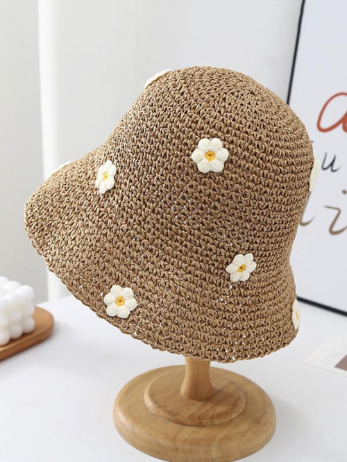 Fashion Women Women's Cute Flowers Decor Large Brim Sun Block Vacation Beach Straw Bucket Hat