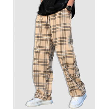 ZAFUL Men's Men's Plaid Striped Printed Straight Leg Drawstring Casual Pants Xl Light coffee