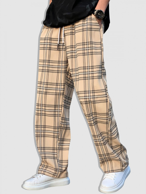 ZAFUL Men's Men's Plaid Striped Printed Straight Leg Drawstring Casual Pants Xl Light coffee