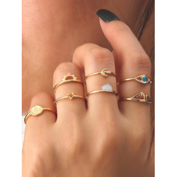 Women's 7Pcs Minimalist Eye Star Anchor Mountain Pattern Hollow Out Rings Set