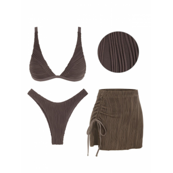 Women Three-Pieces Women's Three Piece Solid Color Swimwear Plunging Neck Textured High Cut Cheeky Bikini Set with Beach Sexy Cinched Ruched Slit Side