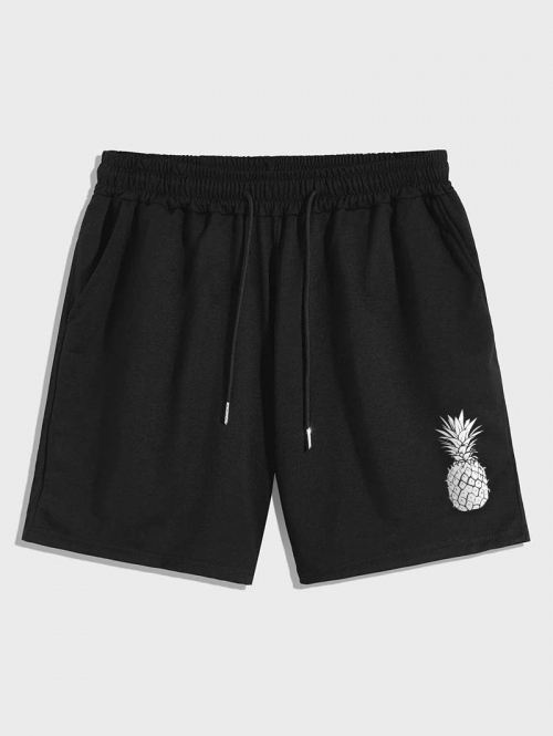 Men's Fruit Pineapple Printed Drawstring Shorts L Black