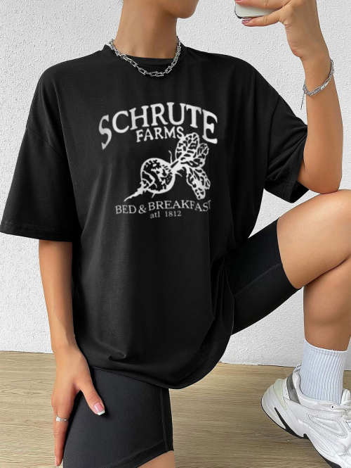 Fashion Women Tees Boyish Letter Graphic Oversized Drop Shoulder Tunic Tee L Black