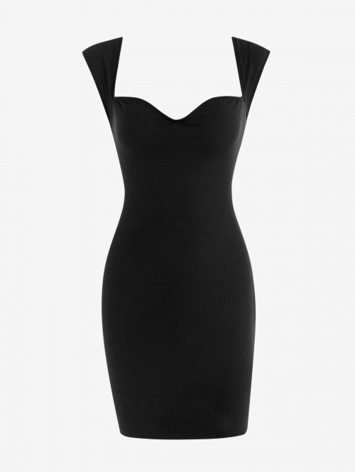 Bodycon Dress Ribbed Sweetheart Neck Slinky Mini Vegas Dress L Black