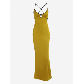 Maxi Keyhole Backless Contrast Binding Maxi Satin Slip Dress L Yellow