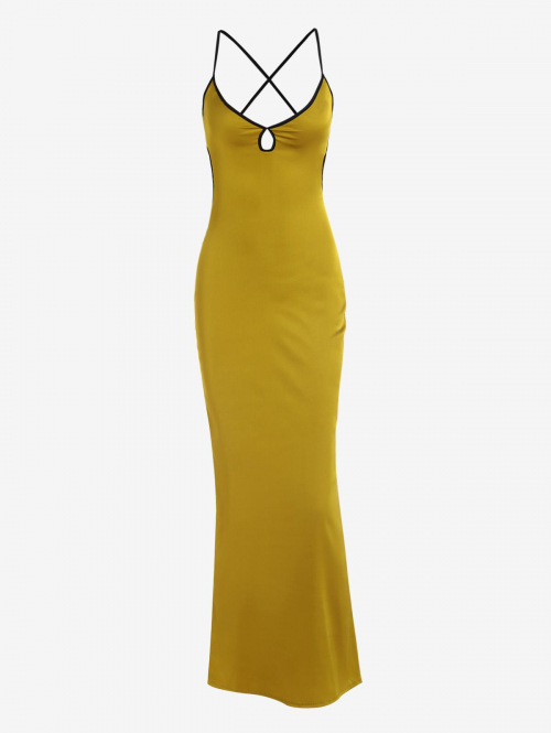 Maxi Keyhole Backless Contrast Binding Maxi Satin Slip Dress L Yellow