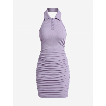 Mini Dress ZAFUL Ruched Ribbed Button Front Polo Collared Backless Tank Dress L Light purple