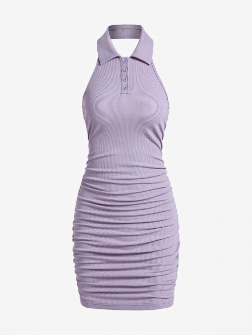 Mini Dress ZAFUL Ruched Ribbed Button Front Polo Collared Backless Tank Dress L Light purple