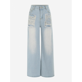 Ripped Wide Leg Baggy Jeans L Blue